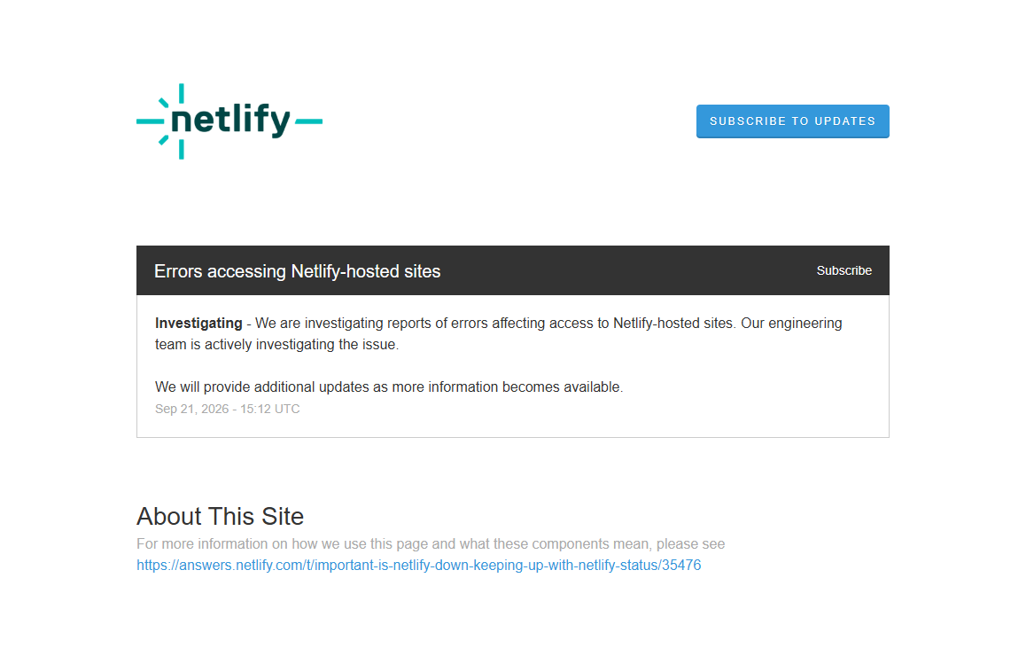 The Netlify status page. A banner reads Errors accessing Netlify-hosted sites, with the status Investigating, and a note that their engineering team is actively investigating. Timestamped Sep 21, 2026 at 15:12 UTC.