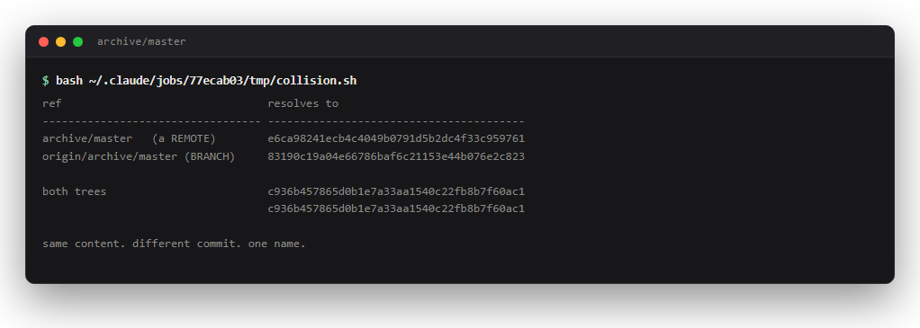 Terminal output showing archive/master resolving to commit e6ca9824 and origin/archive/master resolving to 83190c19, while both trees resolve to the identical hash c936b457.