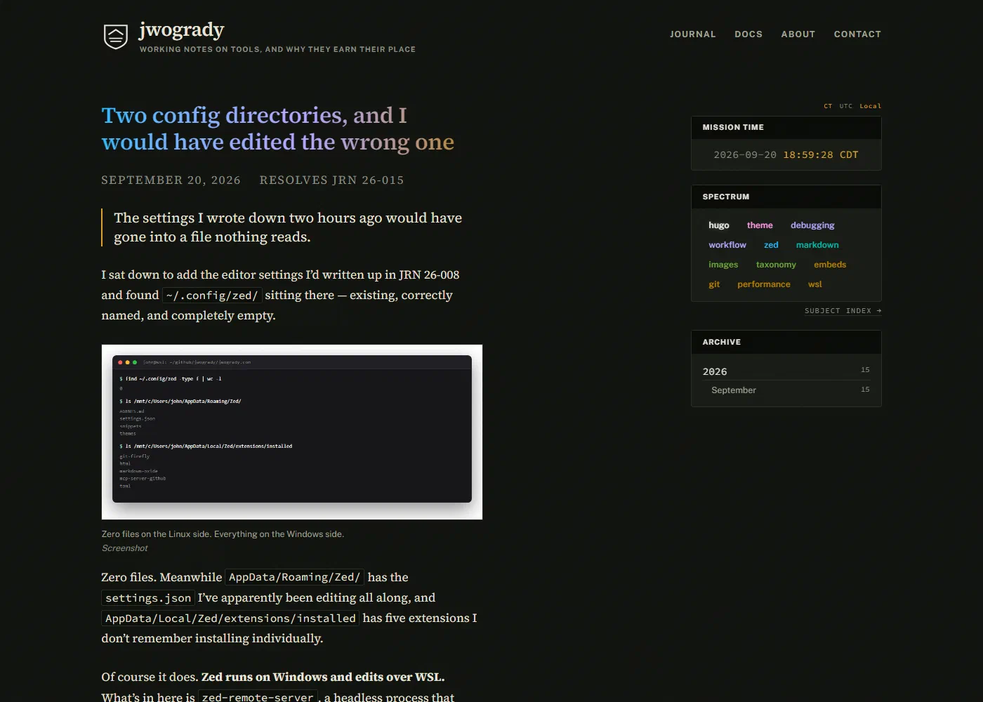 The rendered journal entry about Zed configuration, with a dark terminal card embedded in it showing real command output.