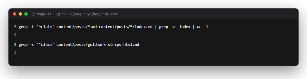 Terminal output. A count of entries missing a claim field returns zero. A check on one specific entry returns one, confirming it now has the field it was missing.