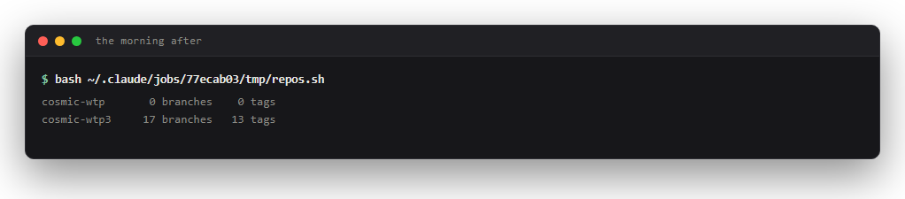 Terminal output showing cosmic-wtp with 0 branches and 0 tags, and cosmic-wtp3 with 17 branches and 13 tags.