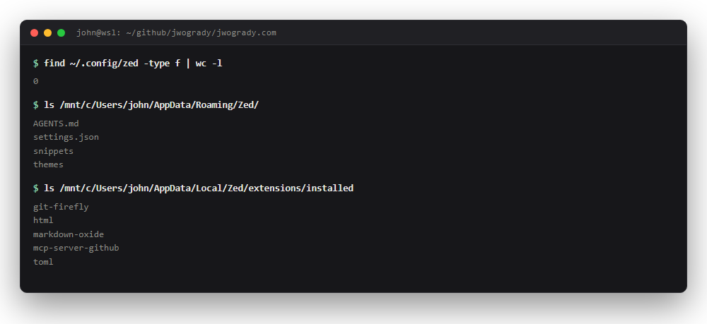 Terminal output: zero files in ~/.config/zed, while the Windows AppData Zed folder holds settings.json, snippets and themes, and five installed extensions.